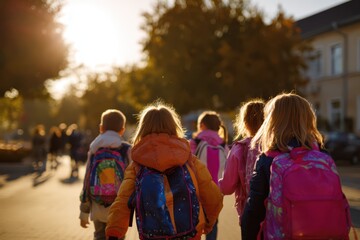 Fototapeta premium Group of elementary school children walking together with colorful backpacks on a sunny autumn morning, heading toward school through a tree-lined street, symbolizing friendship and daily routine