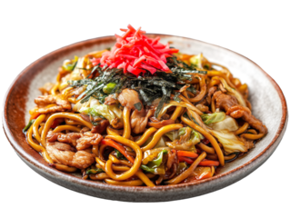 Side view of a plate of Japanese yakisoba