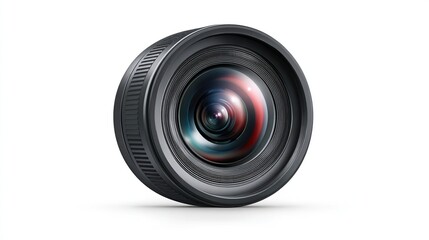 A detailed close-up of a dark grey camera lens,  slightly angled, showcasing its circular shape, intricate internal elements, and subtle reflections, isolated against a pure white background