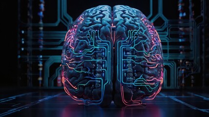 A digital brain with glowing circuits on a dark background representing ai and technology concept