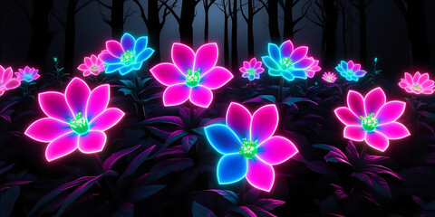 Glowing flowers in a dark forest with pink and blue neon petals and dark leaves and tree silhouettes