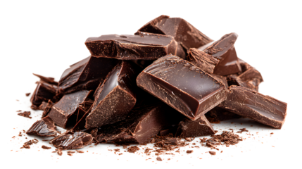 A pile of chocolate pieces on a white background