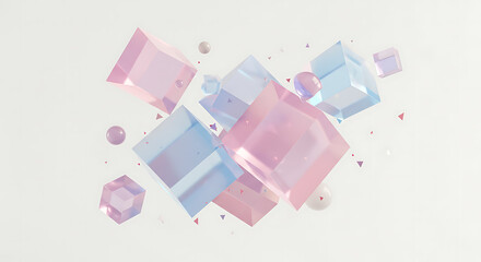 Abstract composition of translucent pastel pink and blue geometric cubes and spheres floating against a clean white background with scattered triangles
