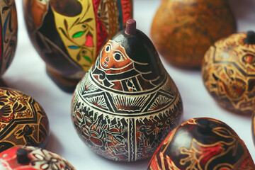 Peruvian artisanal traditional carved gourds called Mate Burilado.Burilado mates are a traditional...