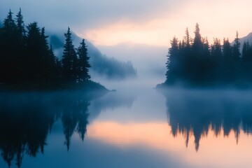 Fototapeta premium Misty forest lake at dawn with silhouetted pine trees and pastel sky reflected in still waters