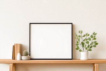 horizontal blank white photo frame with black frame sitting on a minimalist mantle piece, homely living room