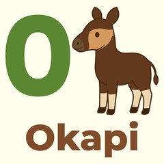 Cute okapi cartoon with the letter O. Great for alphabet flashcards, zoo-themed posters, or early learning materials. Rare rainforest animal with a giraffe–zebra twist.