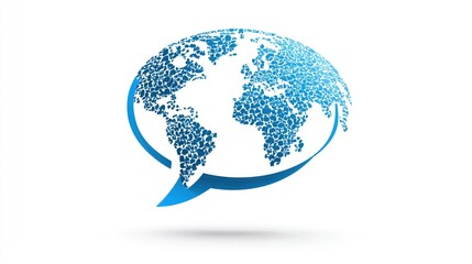 A stylized world map, composed of tiny blue dots, nestled within a speech bubble, suggesting global communication or interconnectedness. A subtle drop shadow adds depth