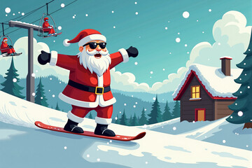 Christmas holidays at a ski resort. Happy Santa snowboarding down a snowy mountain slope with mountains, chairlift and chalets in the background. AI generative.