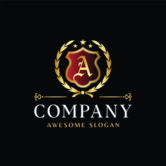 Luxury Royal Crest Logo with Letter A in Golden Shield and Laurel Wreath on Black Background