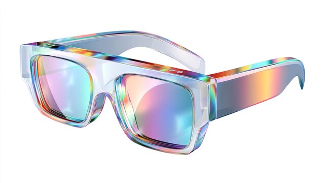 Iridescent sunglasses with a transparent frame and colorful lens reflection