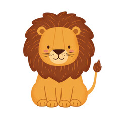 Adorable cartoon lion sitting,  brown mane,  cheerful expression,  simple style illustration.  isolated on a transparent background, png, cutout	