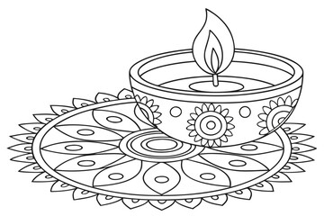 Diwali Celebration Intricate Rangoli Design with a Lit Diya in Black and White silhouette detailed line © Afia