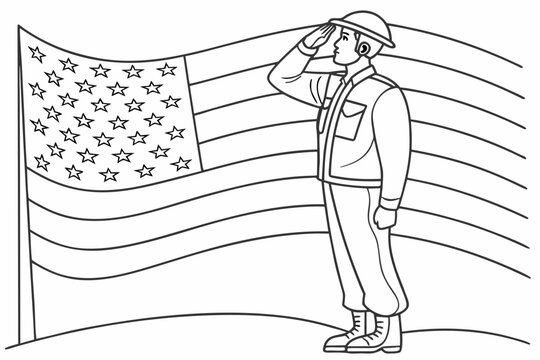 Saluting Soldier in Front of American Flag Coloring Page with Bold Line Silhouette detailed coloring page