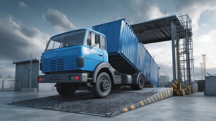 Blue cargo truck lifting container using hydraulic bed in an industrial loading zone