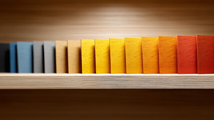 Gradient Row of Standing Blocks on Wooden Shelf