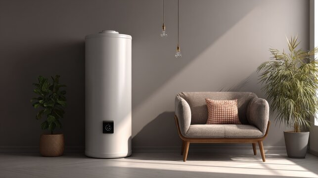 White cylindrical hot water storage tank standing in corner of minimalist interior