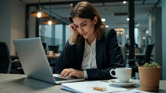 A frustrated businesswoman sits at her laptop in the office, looking bored and struggling to meet a deadline in this 4k footage.