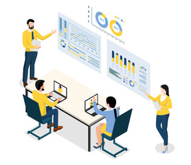 Business team meeting and working collaboration in office workplace and performance through web-based analytics dashboards.