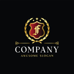 Luxury Royal Crest Logo with Letter F in Golden Shield and Laurel Wreath on Black Background