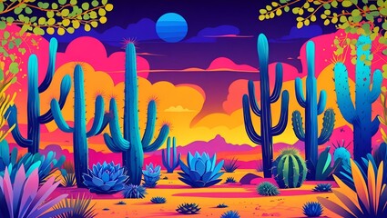 fantasy desert garden illustration. abstract cactus and succulents with neon colors and silhouettes
