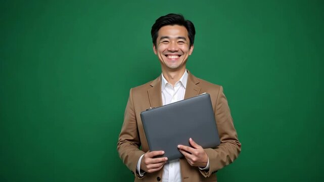 A middle aged Japanese man in a light brown jacket smiles holding a folder against a solid forest green backdrop, suitable for professional use and corporate presentations.