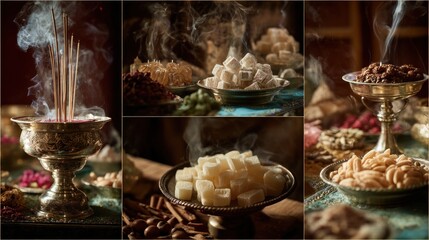 Sweet treats and incense collage warm lighting and rich textures