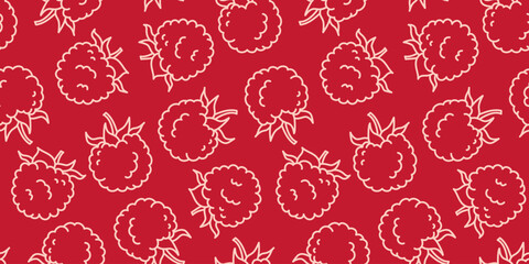 Raspberry fruits. Seamless vector pattern. Doodle food sketch set. Red background