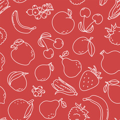 Fruits. Seamless vector red pattern. Currant, apple, strawberry, cherry, raspberry, pear, pomegranate, orange, banana, peach and lemon . Doodle food sketch set