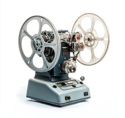 Fototapeta premium Vintage film projector, isolated on white, showing reel mechanism