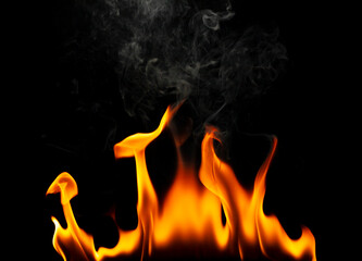 Flame, heat from fire, danger of gas explosion, isolated on black background.