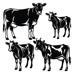 Black and White Silhouette Illustrations of Cows and Calves in Various Poses