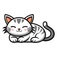 Obraz premium Adorable cartoon illustration of a happy American Shorthair cat with grey stripes, lying down with closed eyes and a content smile. Perfect for pet-related designs.