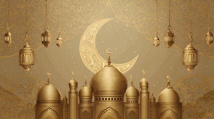 Golden crescent moon embracing a golden mosque background Eid Mubarak and Ramadan Kareem greetings with Islami