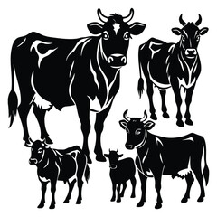 Black and White Silhouette Illustrations of Cows and Calves in Various Poses