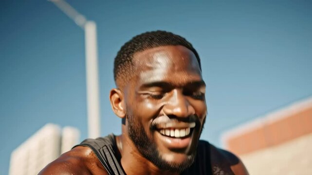 A man with a shaved head and a smile on his face. He is wearing a black shirt and a black hat