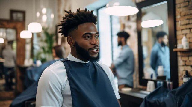 Young man smiling during haircut at modern barbershop in the afternoon