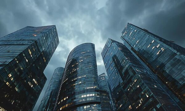 Low angle view of modern skyscrapers against a cloudy sky in an urban environment at dusk