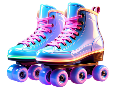 retro roller skates in neon color, isolated, transparent background