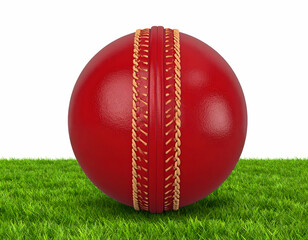 Ready to Play Cricket A gleaming red ball sitting patiently on lush green grass awaits the game s