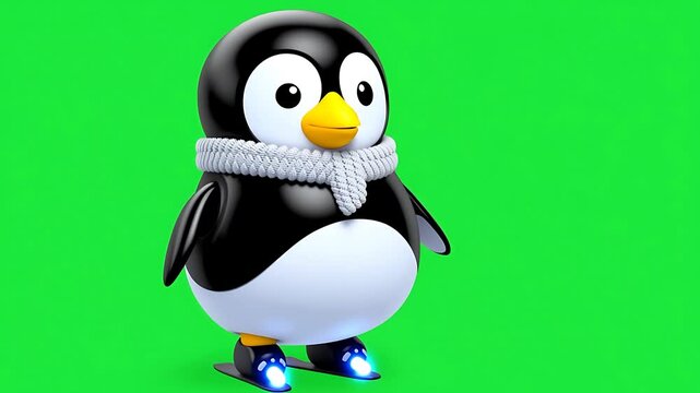 Adorable Cartoon Penguin on Roller Skates, Green Screen