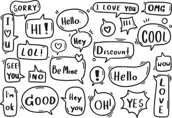 Text Reaction Icon Set – OMG, LOL, Sorry, Cool, Yes, No – Blue Sketch Speech Bubbles

