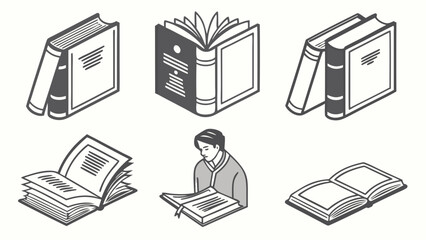 Collection of stylized isometric book icons including closed books an open book and a person reading a book representing knowledge and education