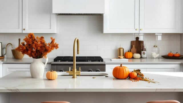 Modern kitchen decorated for autumn with pumpkins and fall flowers showcasing seasonal warmth and style