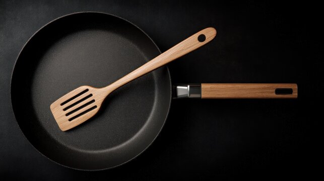 Modern kitchen utensils, showcasing frying pan with wooden spatula on black backdrop