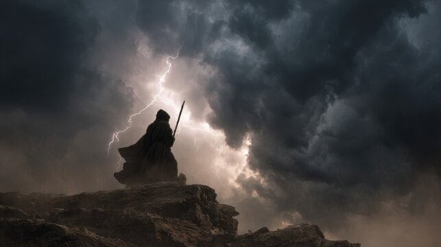 Power and belief collide as a cloaked figure ascends a rocky precipice his staff raised defiantly into the darkened sky while ominous weather and signs of plagues like angry frogs and