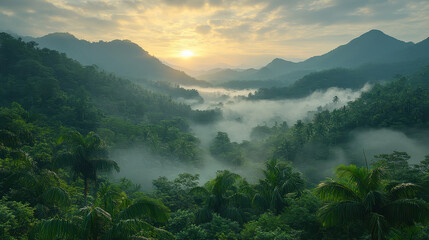 Lush green tropical rainforest landscape with misty mountains at dawn, cut out white