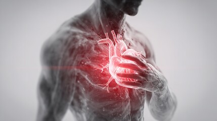 A man touching his heart with red highlight of heart pain or disease

