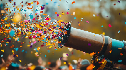 A celebratory moment captured as confetti bursts from a cannon