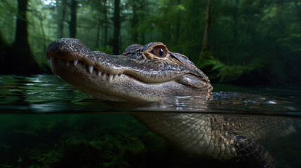 Close up view of crocodile partially submerged water, surrounded by lush greenery, showcasing its sharp teeth and intense gaze